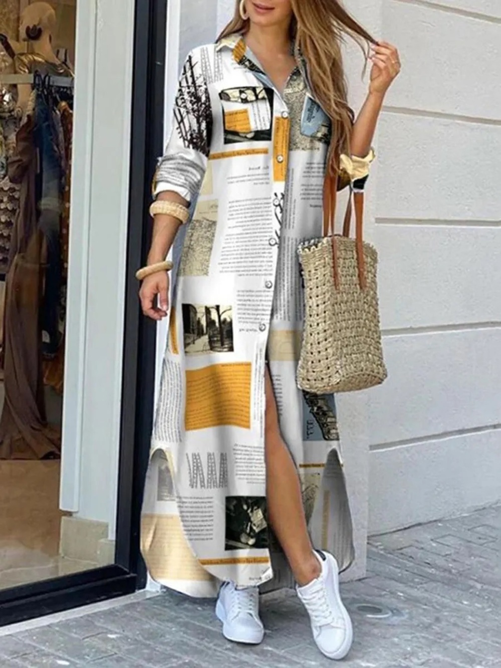 Newspaper & Map Print Maxi Shirt Dress - Size L - New Without Tags